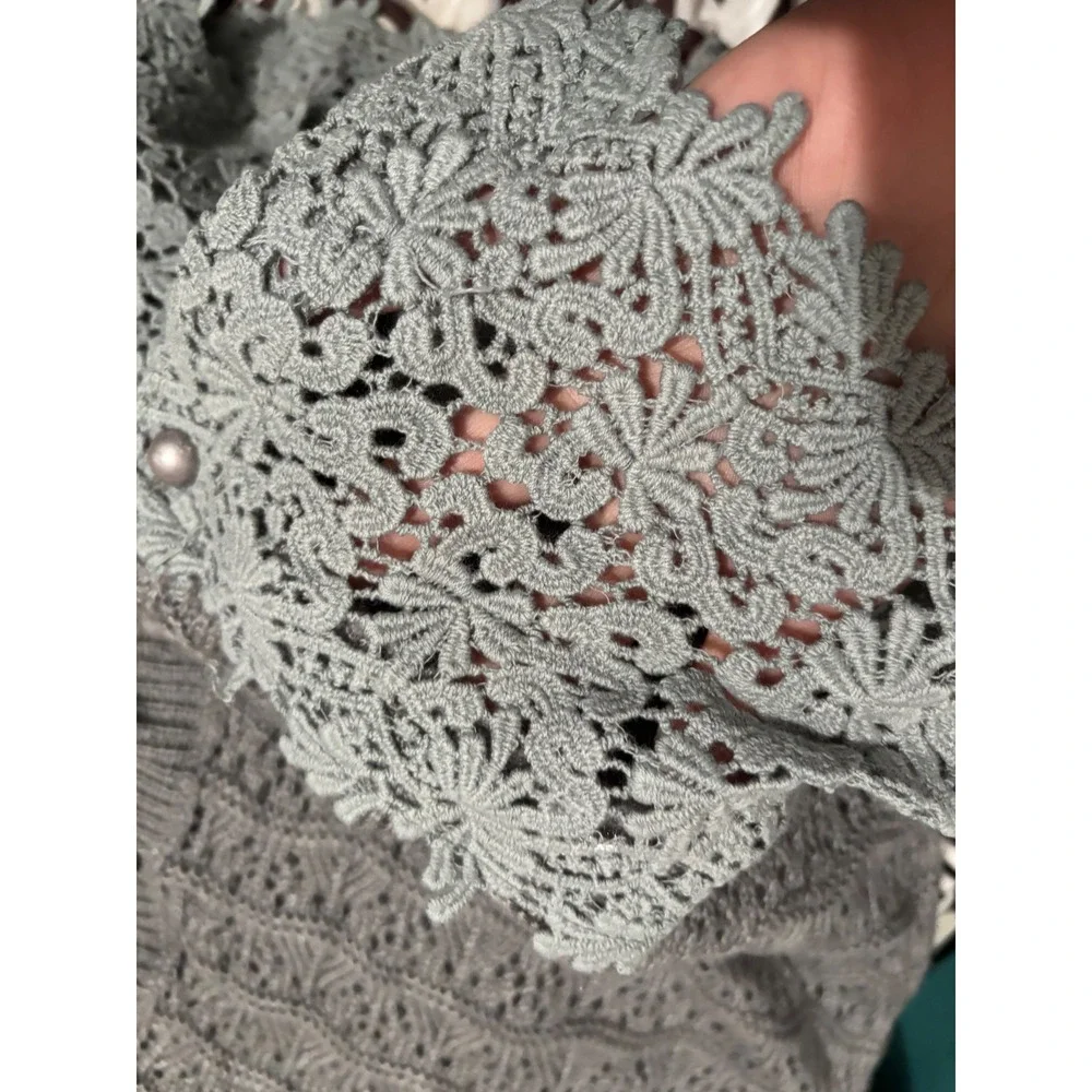Basil Lola Gray Mohair Blend Knit Cardigan Sweater‎ Lace Trim Medium M